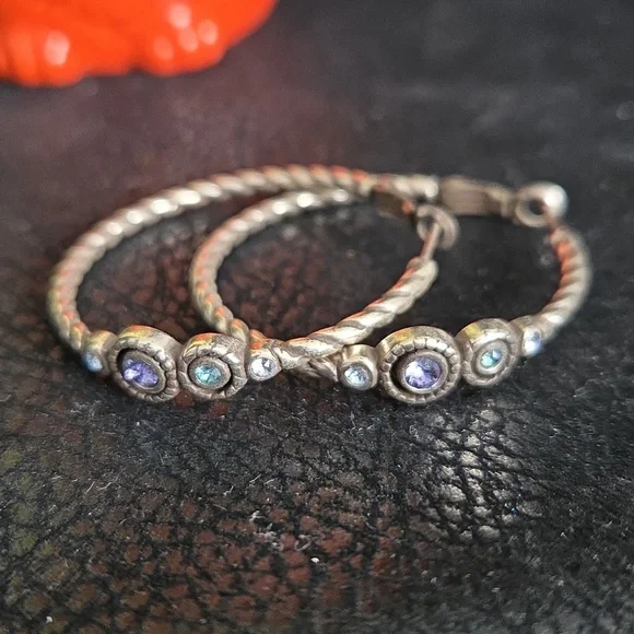 Brighton Halo Silver Hoop Earrings with Purple and Blue Stones - Picture 5 of 6
